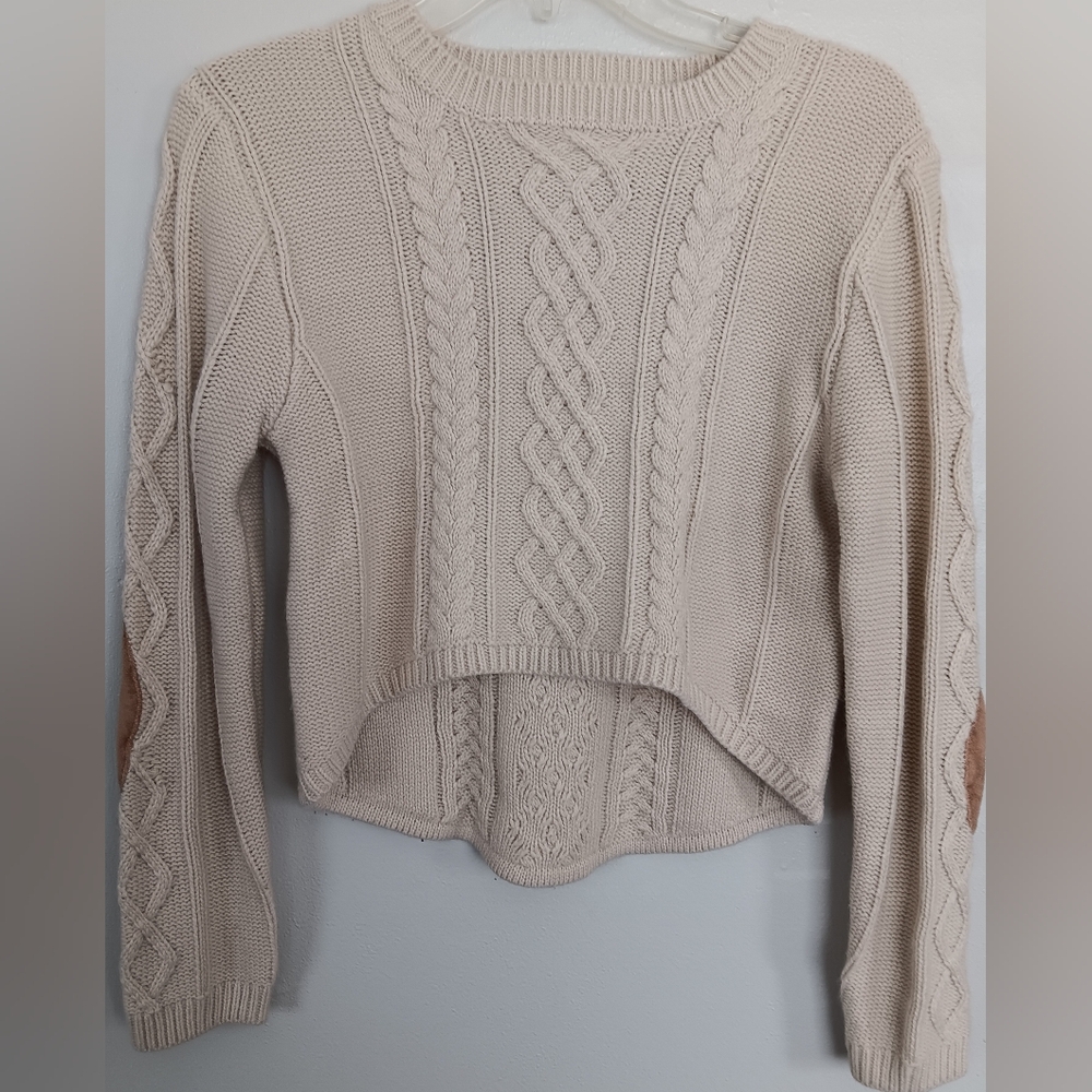 Love Tree Happens Cable Knit Sweater Faux Suade Patches On The Elbows Beige M